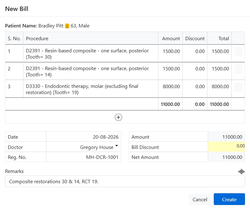 Creating a patient bill from completed procedures with discounts and tax in CAPS28 dental billing software