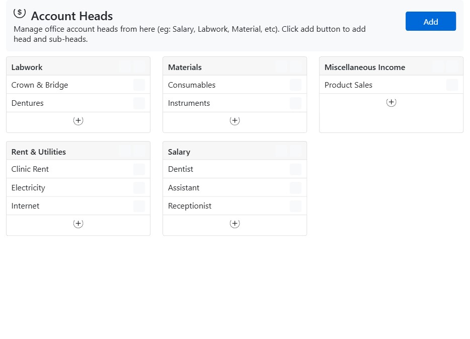 Dental practice income and expense account heads in CAPS28 clinic accounting software