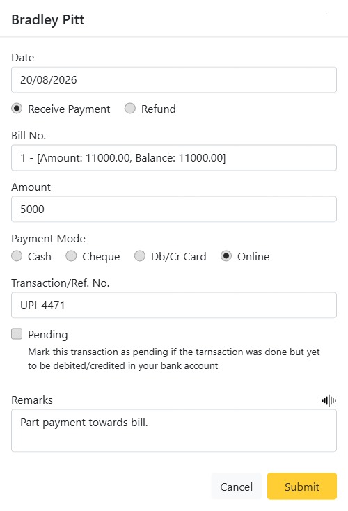 Recording a patient payment or refund on the account ledger in CAPS28 dental billing software