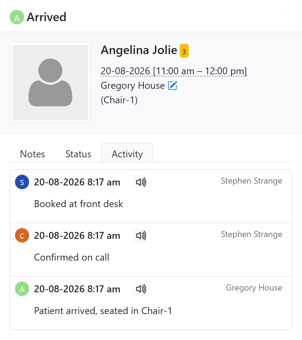 Appointment activity log of status changes with timestamps in CAPS28 dental scheduling software