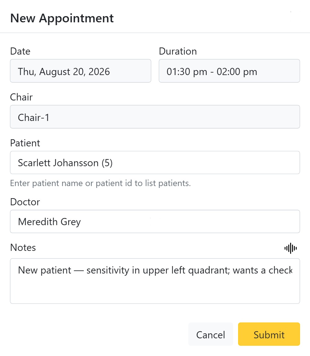 Booking a new dental appointment with provider and chair in CAPS28 scheduling software
