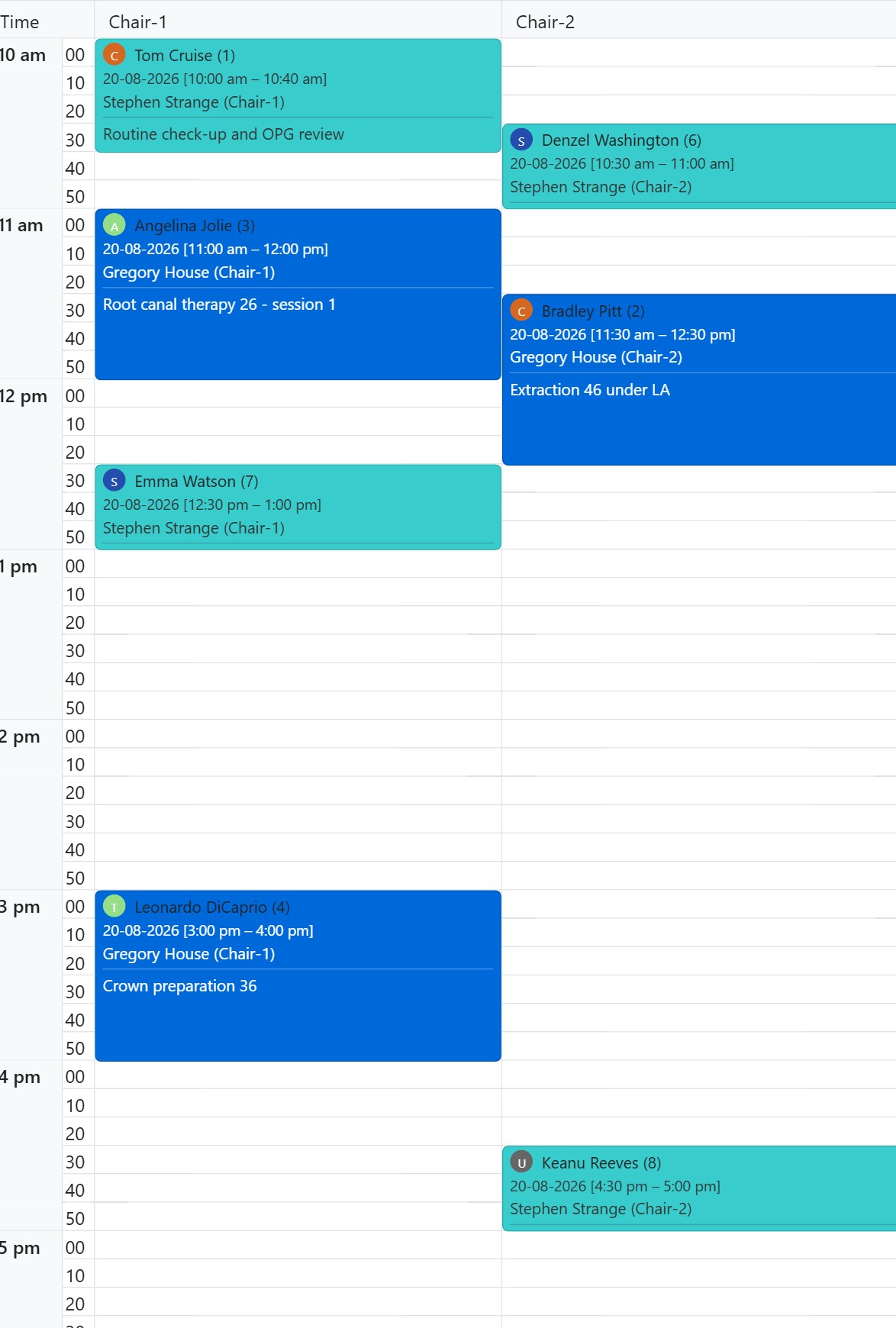 CAPS28 dental appointment calendar day view with each chair a column in scheduling software