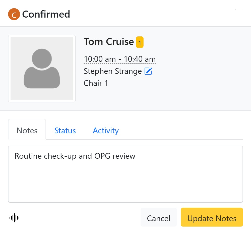Appointment details pop-up with patient, time and provider in CAPS28 dental scheduling software