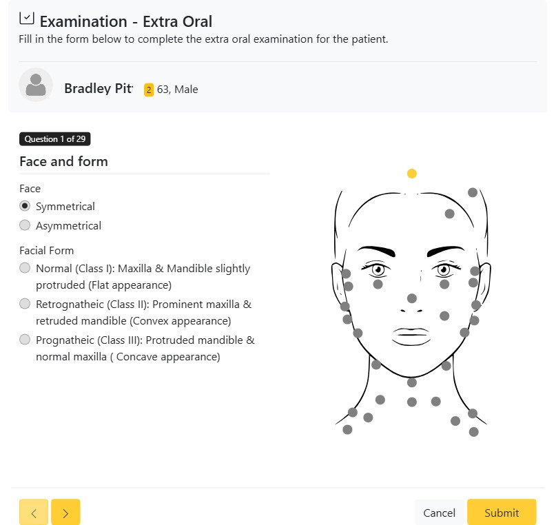 Extra-oral dental examination of the face, head and neck in CAPS28 practice management software