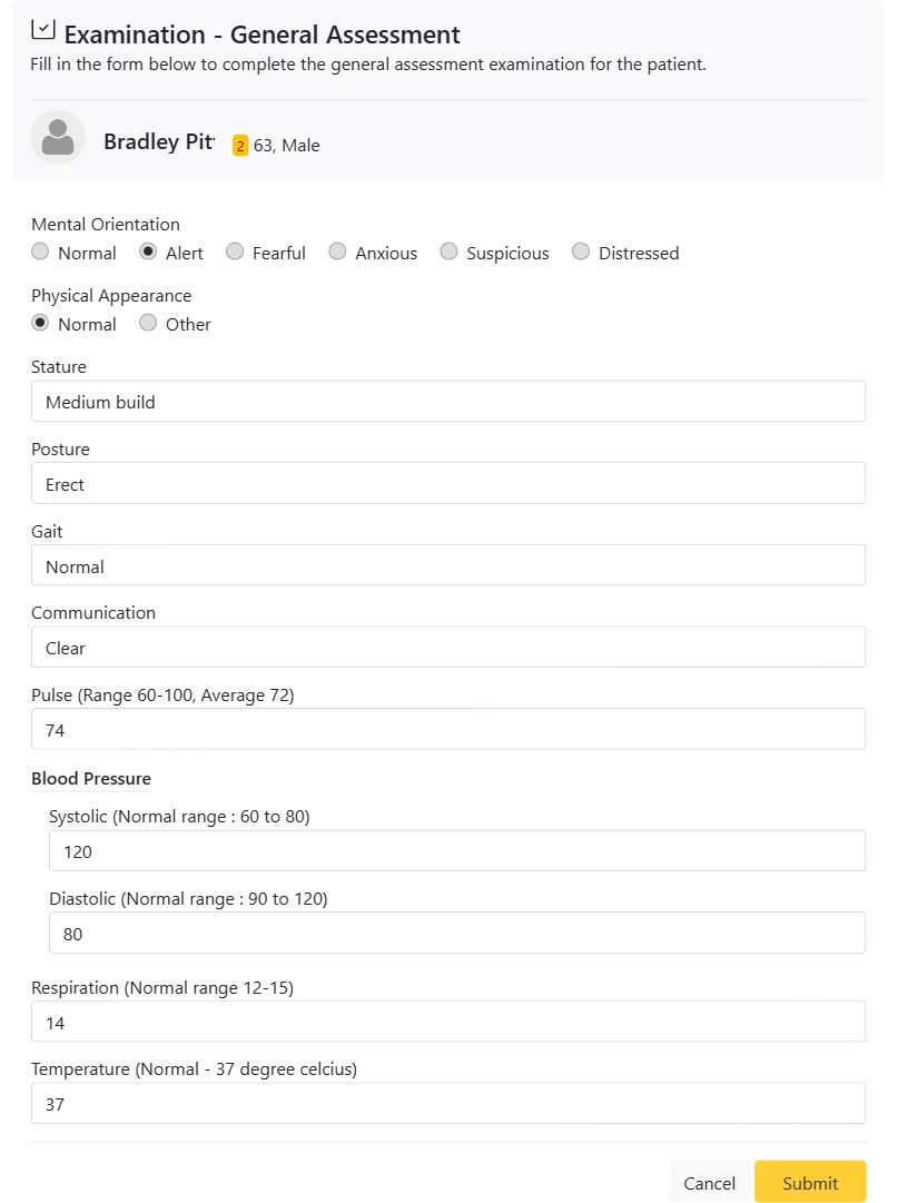 General patient assessment form capturing overall condition in CAPS28 dental practice management software