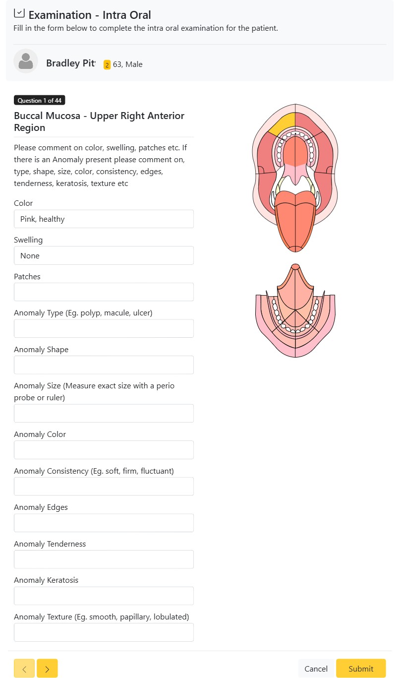 Intra-oral dental examination with a clickable oral anatomy map in CAPS28 practice management software
