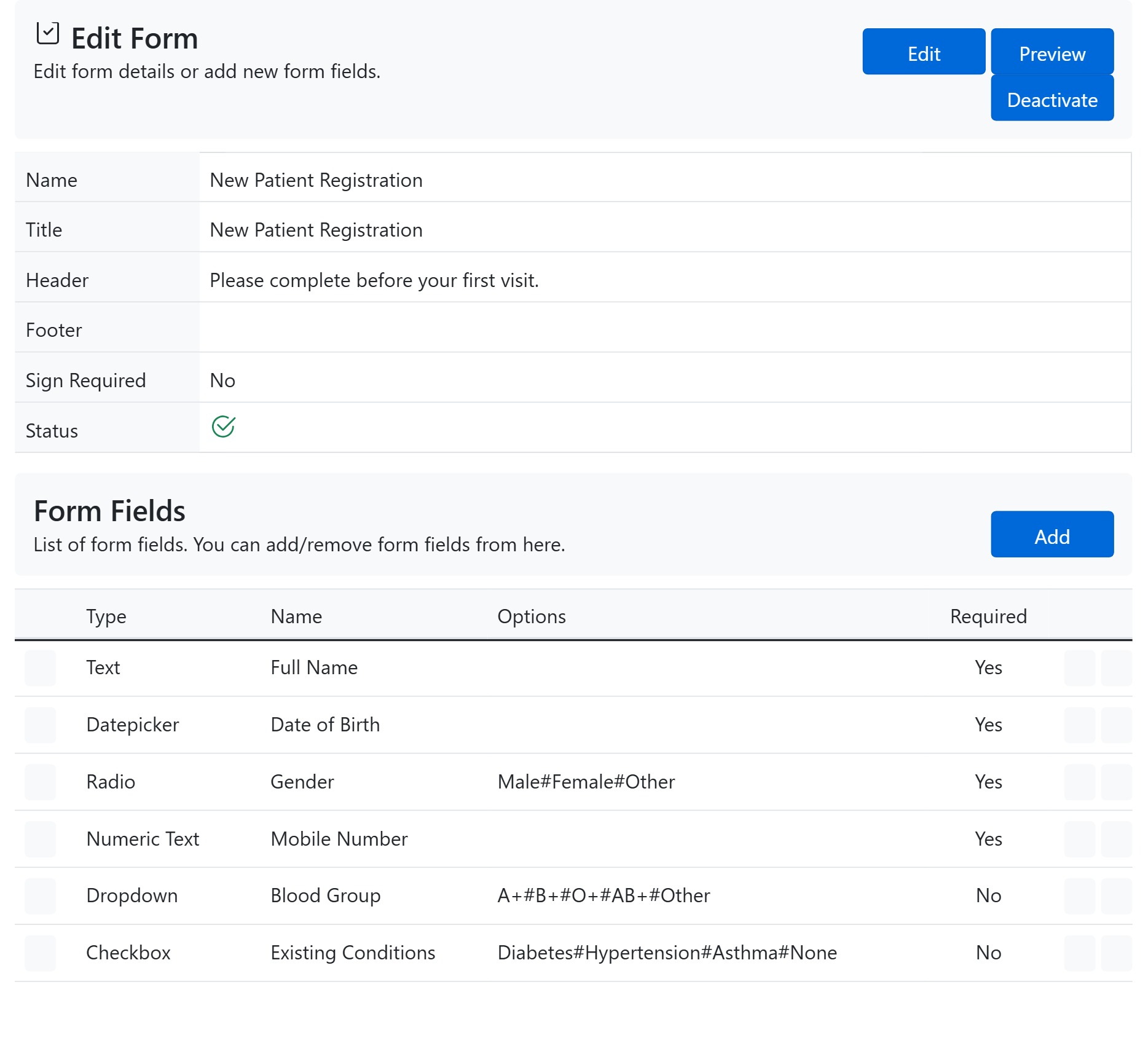 Drag-and-drop dental patient form builder in CAPS28 software, configuring form fields and properties