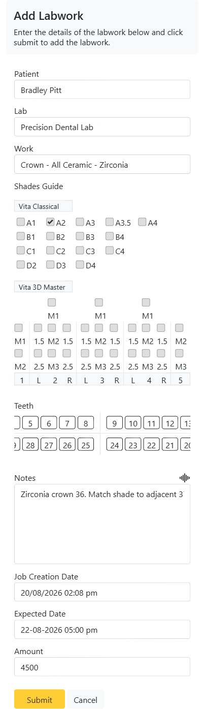 Creating a dental lab order for a patient with work type and due date in CAPS28 software