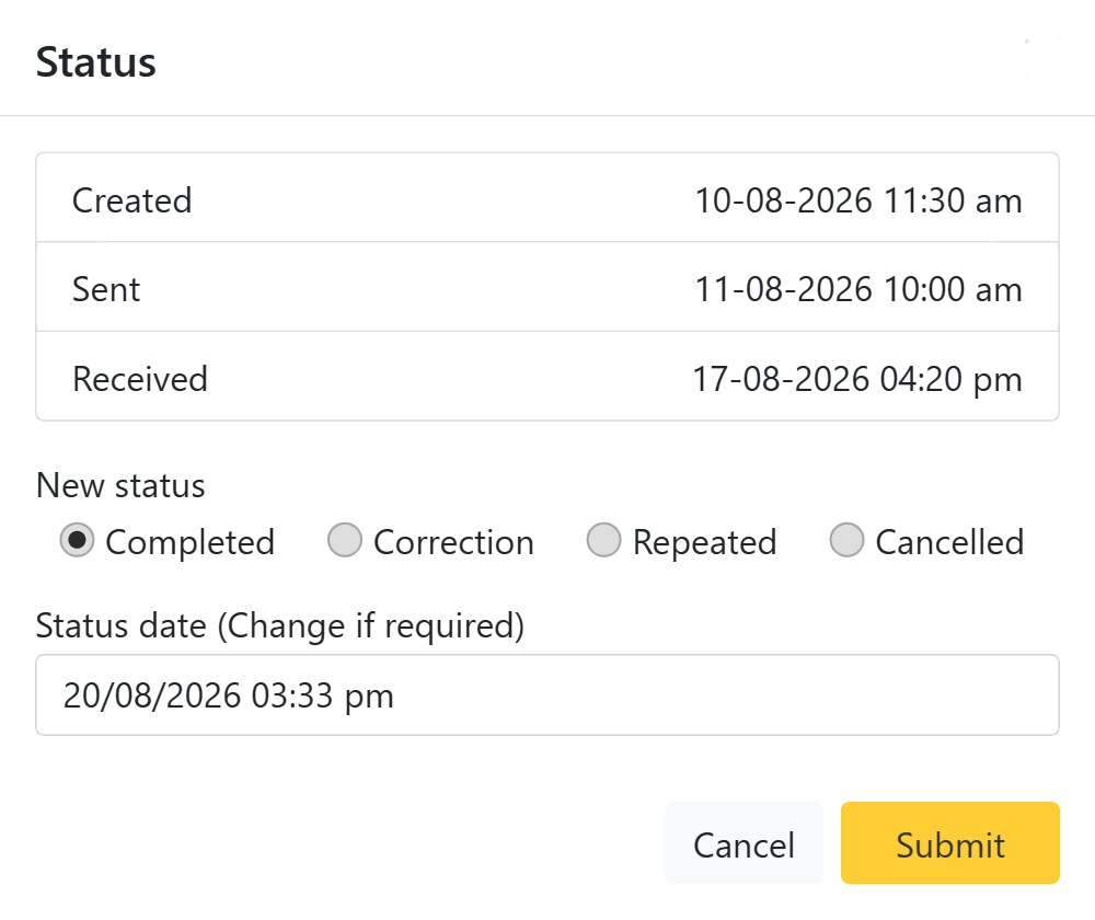 Updating dental lab work status with a dated activity log in CAPS28 practice management software