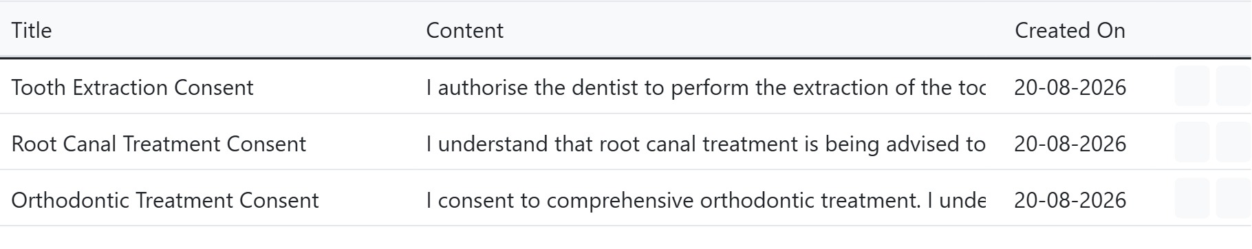 Reusable dental consent form templates list in CAPS28 practice management software