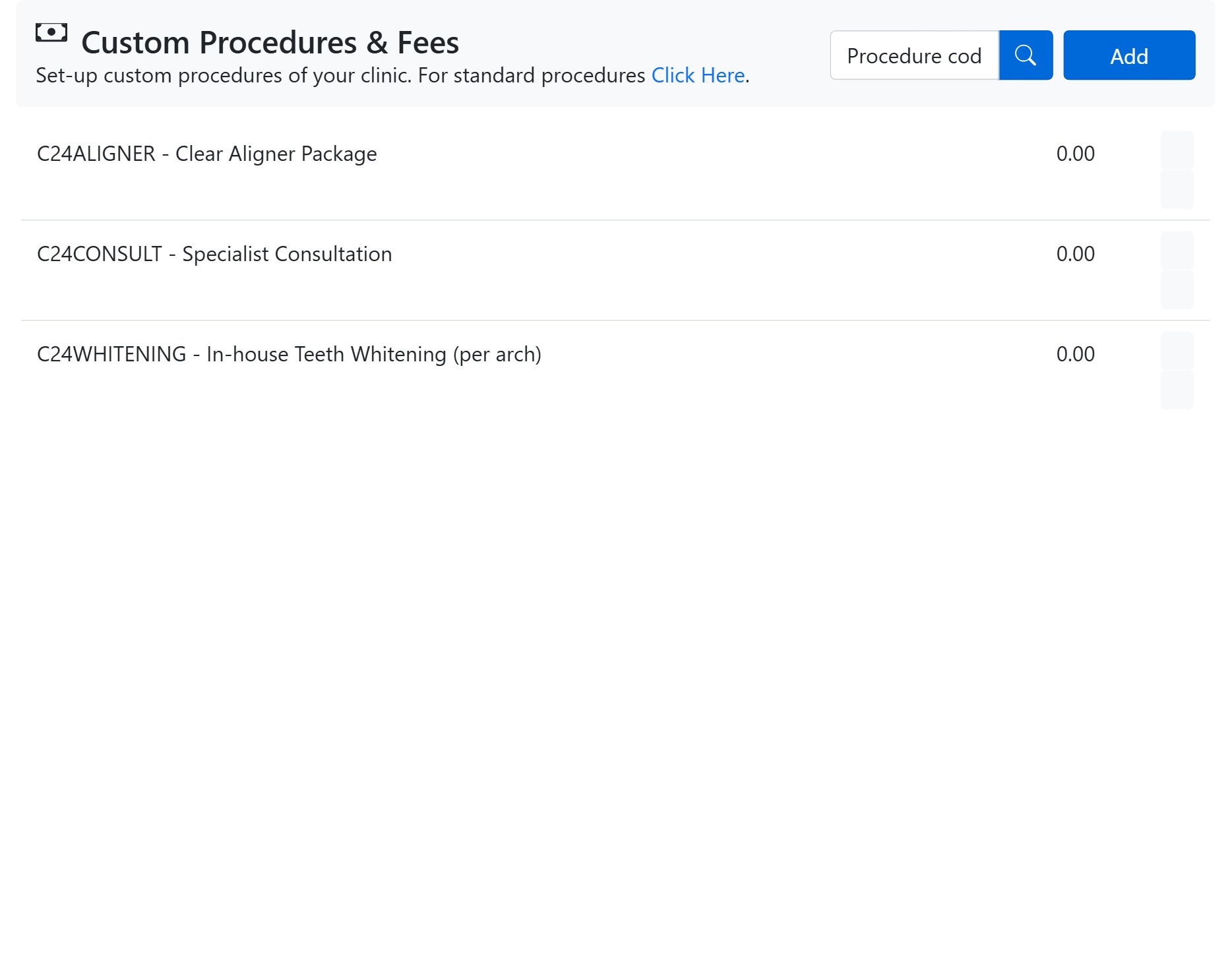 Custom dental procedure setup in CAPS28 software, defining a procedure code, name and fee