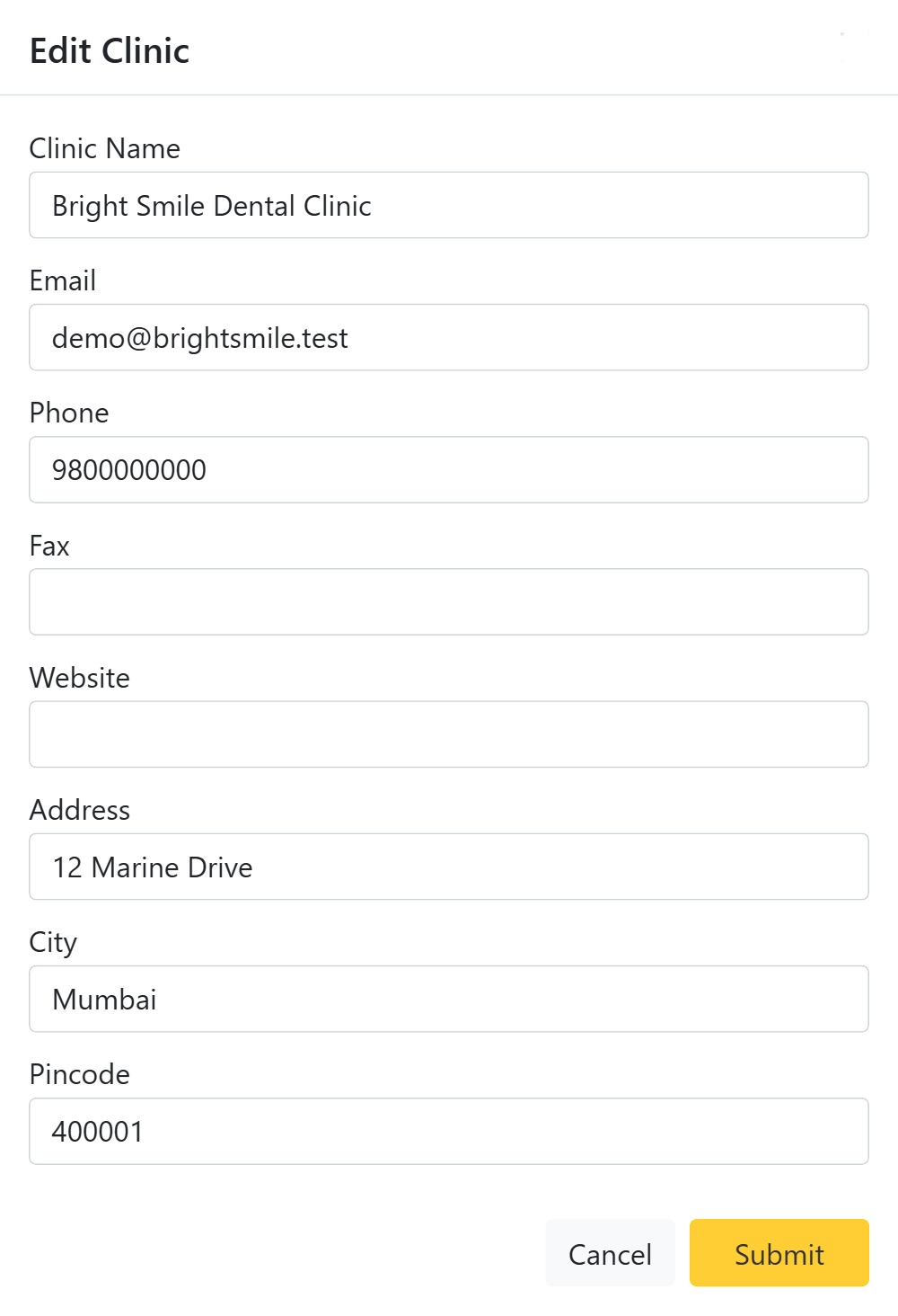 Editing clinic name, contact and address details in CAPS28 dental practice management software