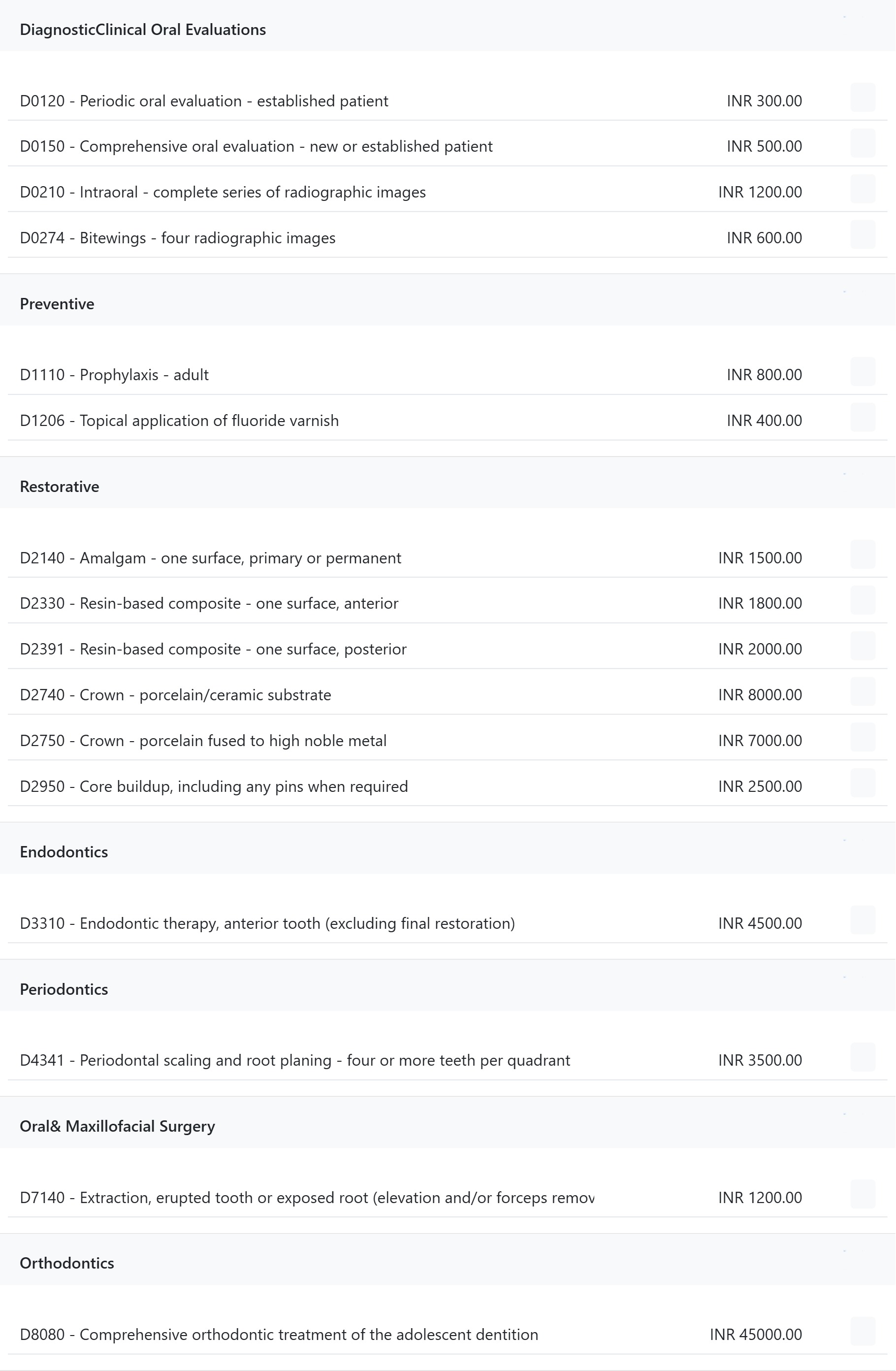 Standard dental procedures and fees master grouped by treatment type in CAPS28 practice management software