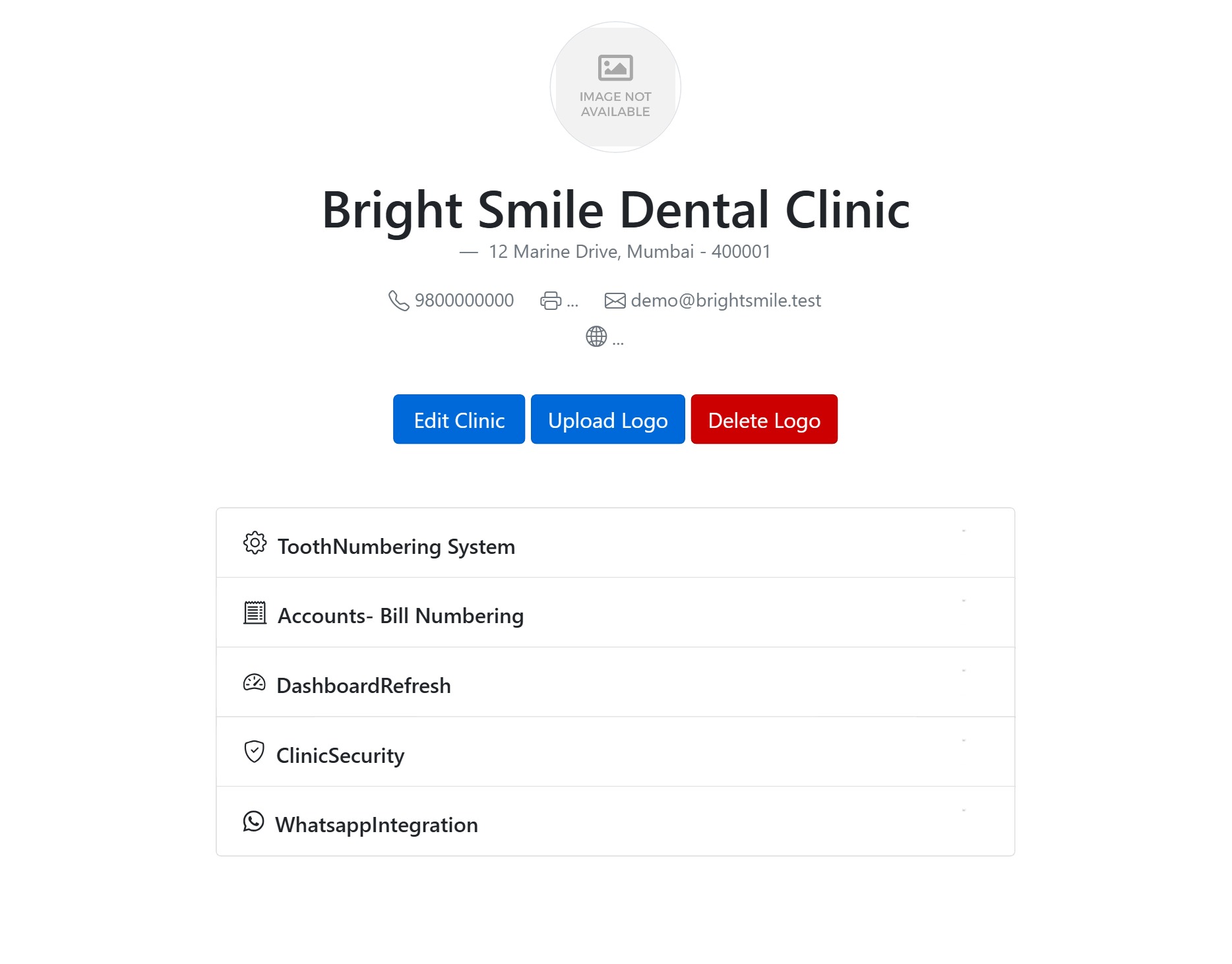 Clinic profile, logo and branding settings in CAPS28 dental practice management software