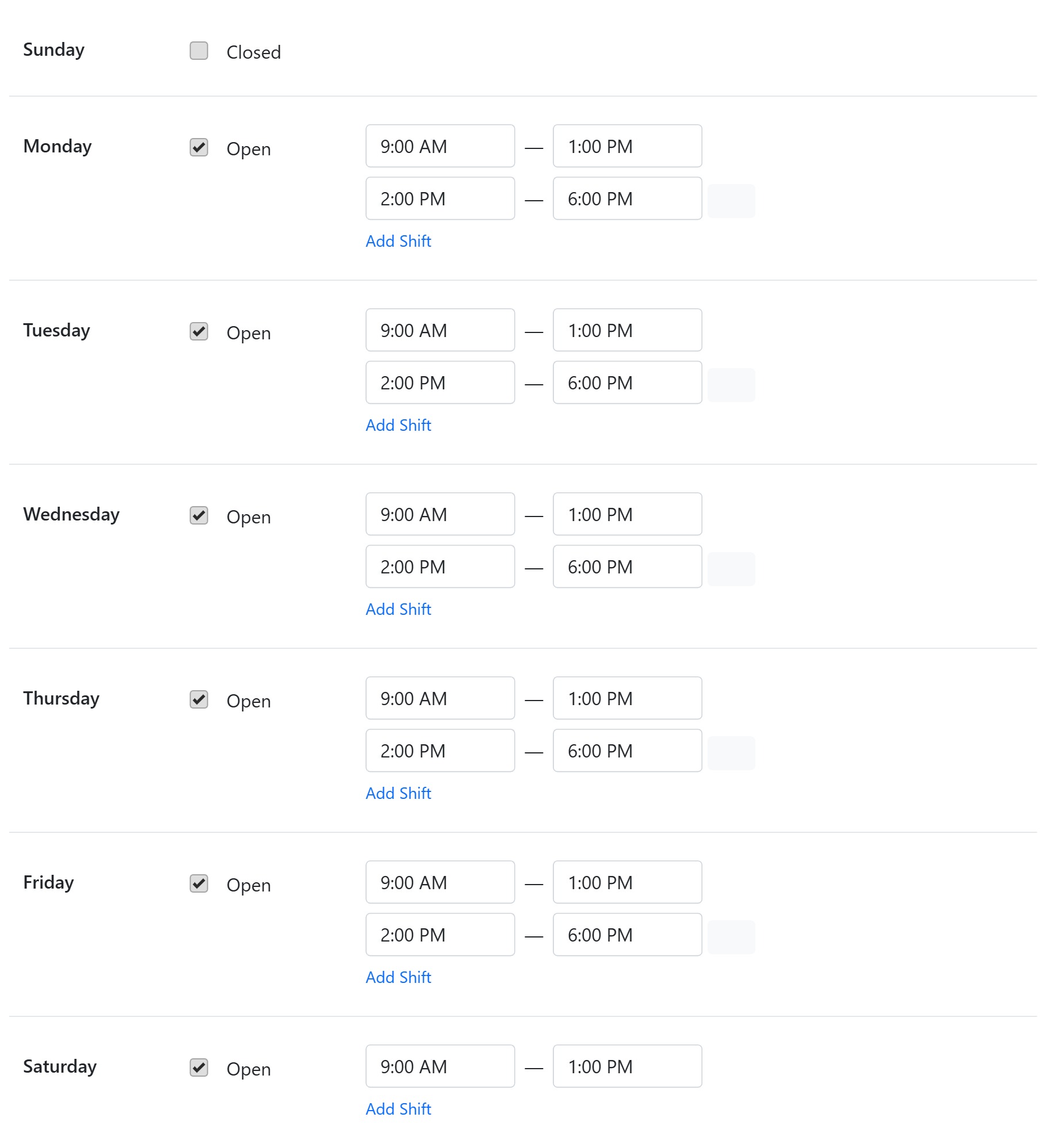 Clinic regular business hours setup in CAPS28 dental practice management software with weekday shifts
