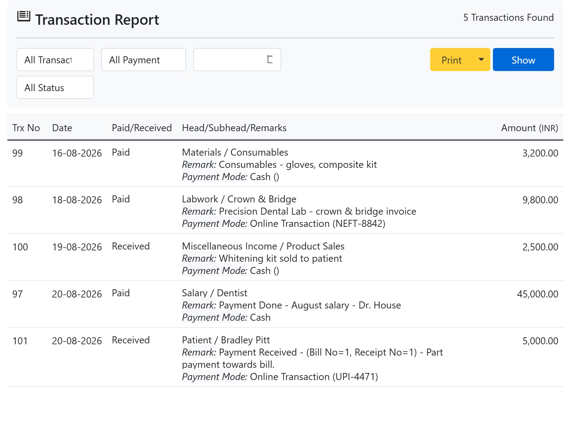 Dental clinic transaction report in CAPS28 software, filtered by date range with tabular totals