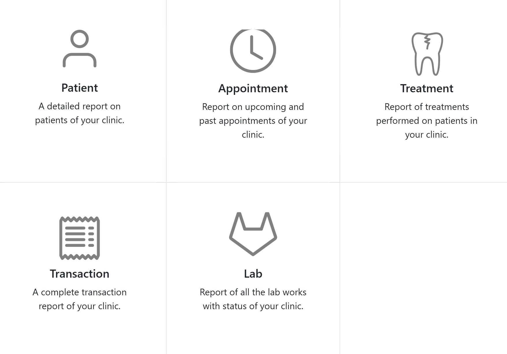 Reports hub in CAPS28 dental practice management software with patient, appointment, treatment, transaction and lab reports