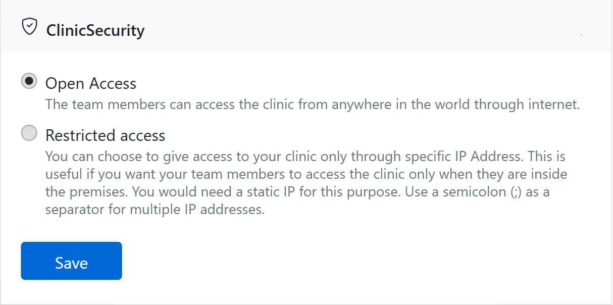 Clinic login security and access control settings in CAPS28 dental practice management software
