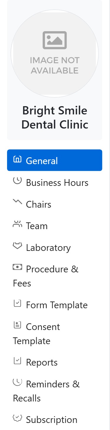 Manage Clinic setup side menu in CAPS28 dental practice management software