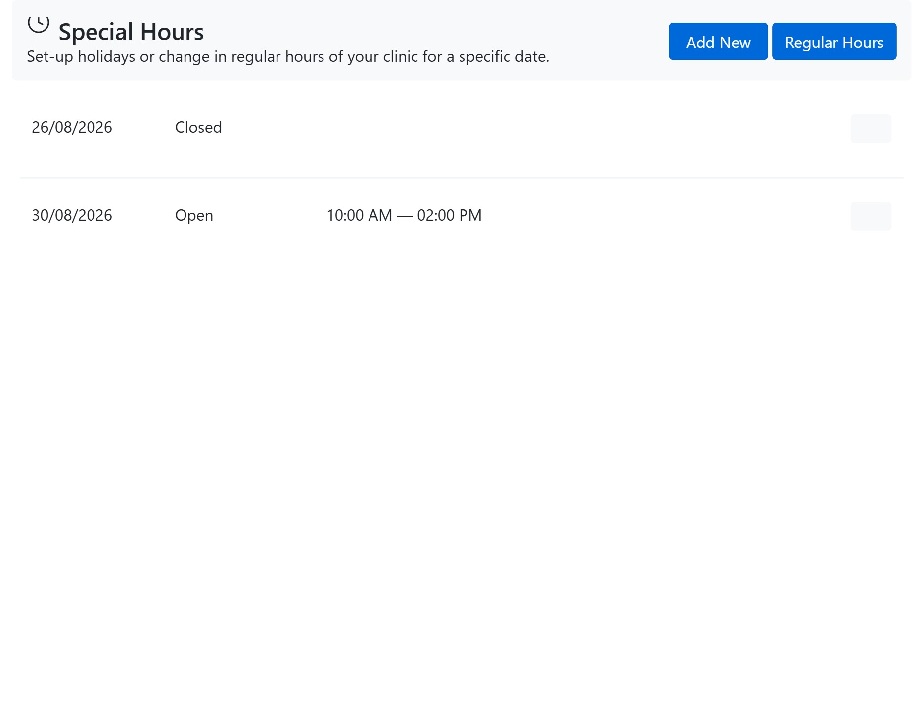 Special hours and holiday exceptions calendar in CAPS28 dental clinic scheduling software