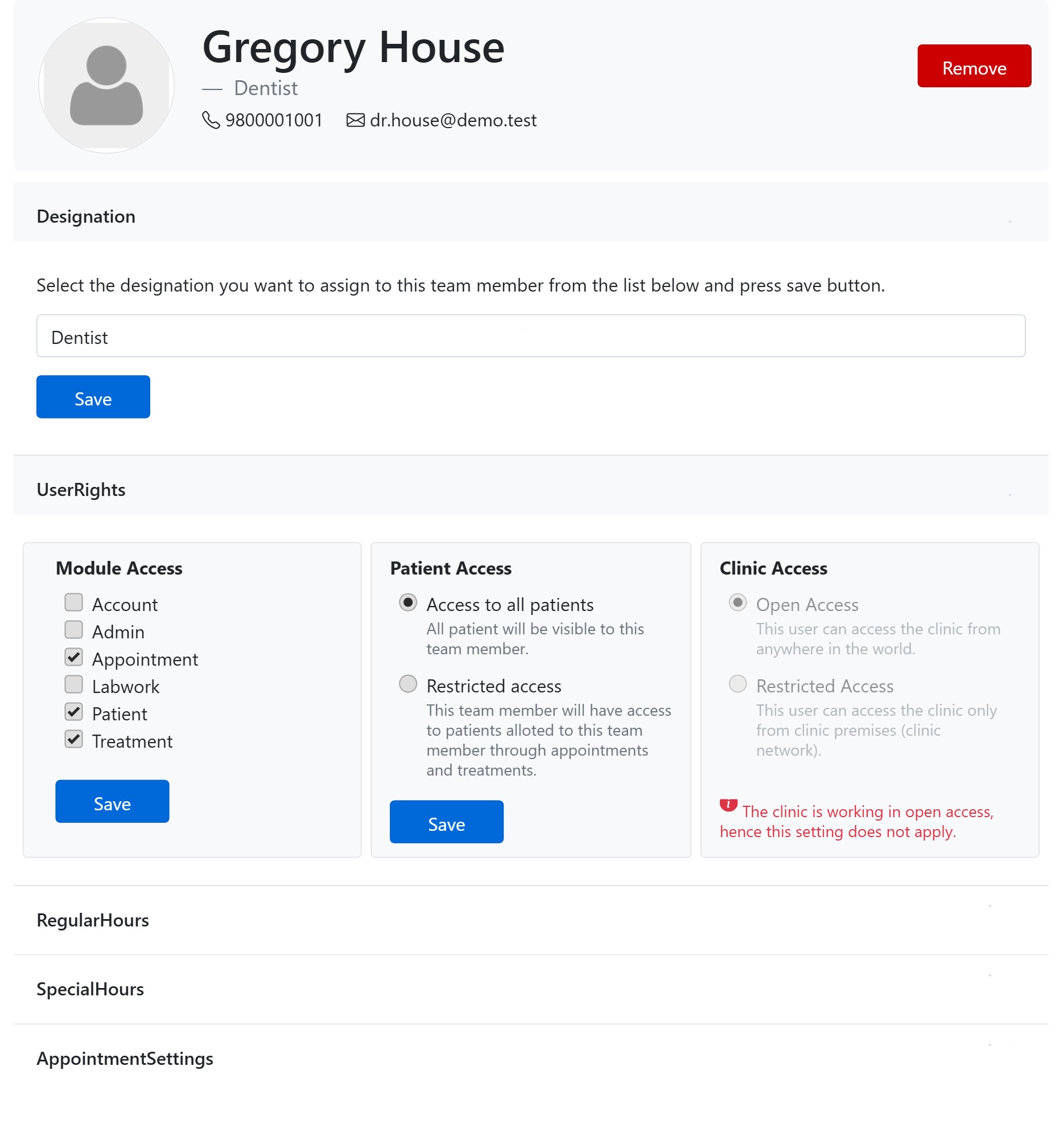 Team member details with module, patient and clinic access rights in CAPS28 dental software