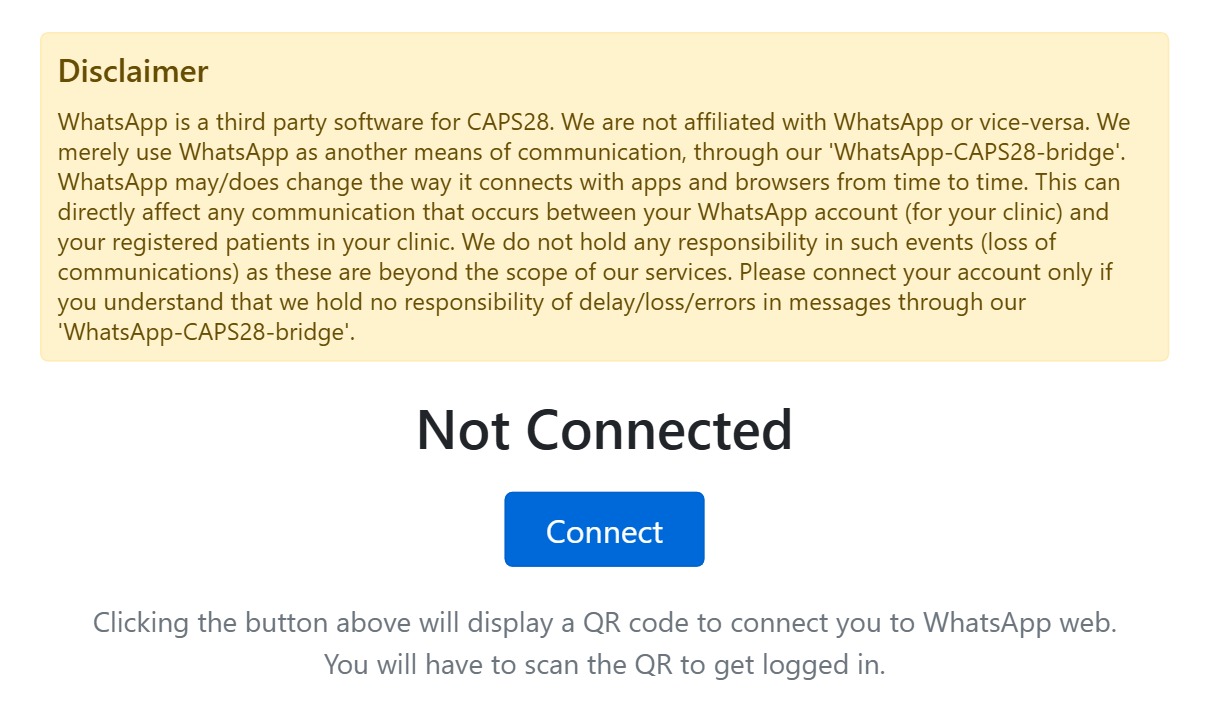 Connecting WhatsApp by QR code for patient messaging in CAPS28 dental practice management software