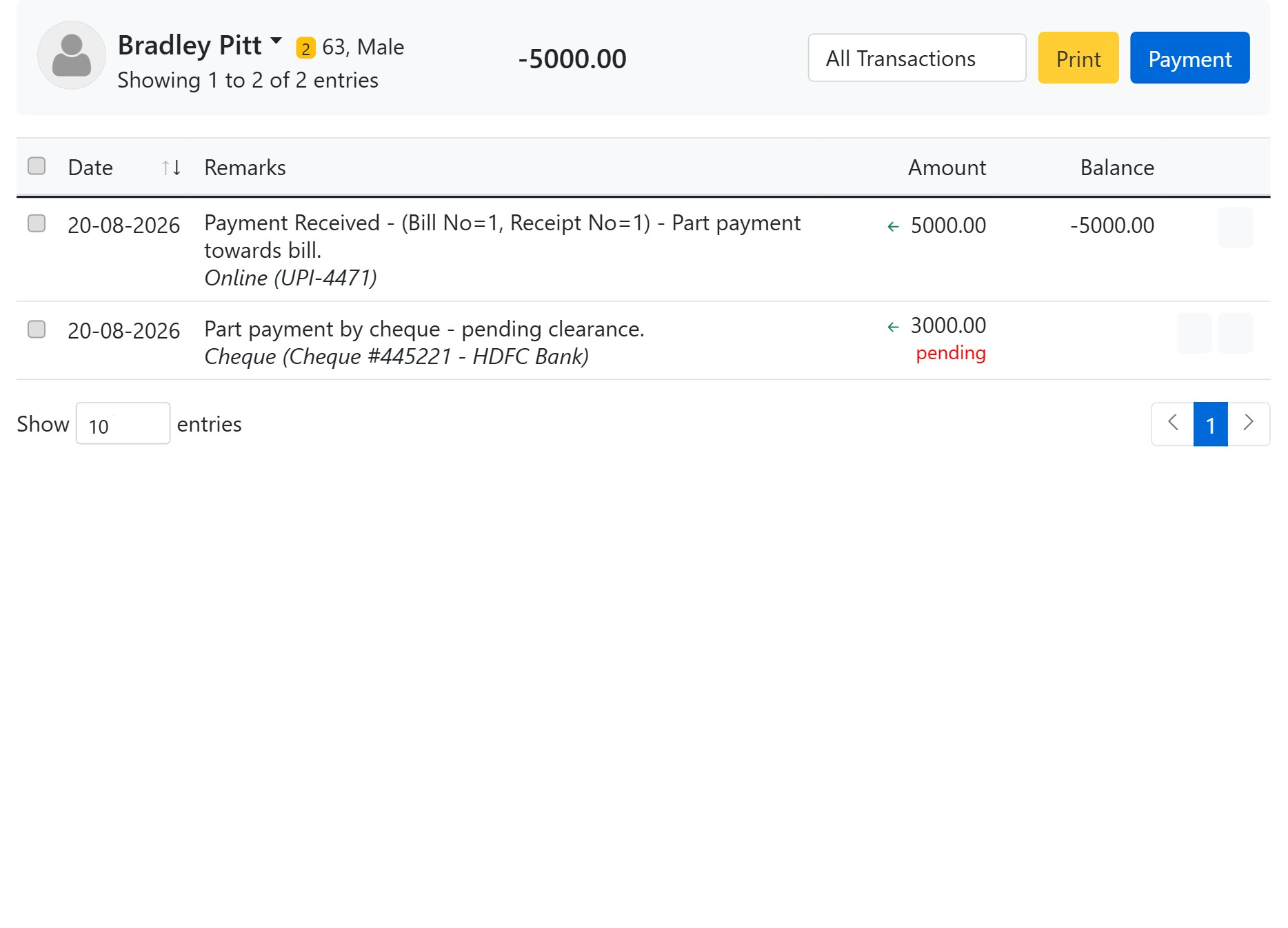 Patient account ledger with a pending cheque payment in CAPS28 dental practice management software