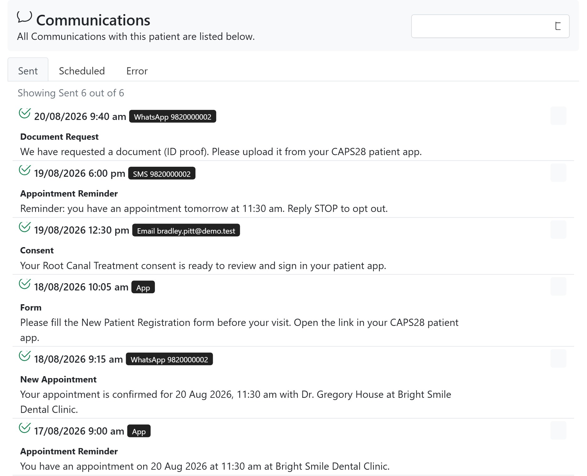 Patient communication log of sent SMS, email and WhatsApp messages in CAPS28 dental practice management software