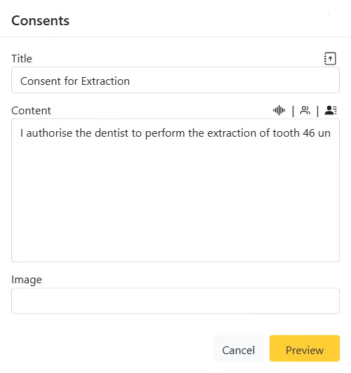 Composing a patient consent from a template on the dental patient record in CAPS28 software