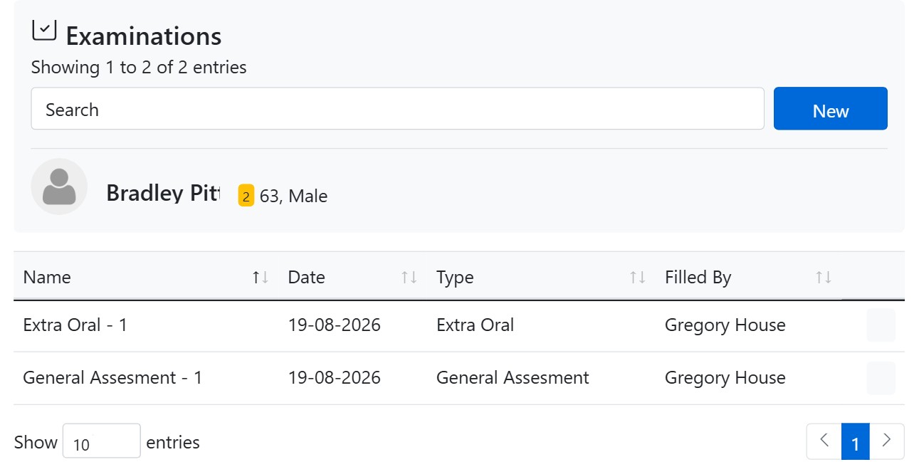 List of recorded clinical dental examinations for a patient in CAPS28 practice management software