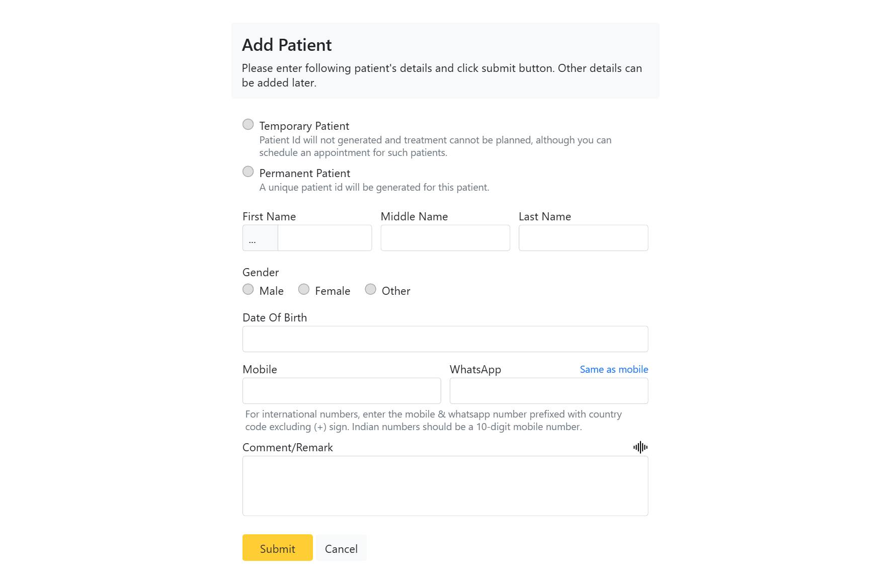Add patient form capturing a new patient's demographics in CAPS28 dental practice management software