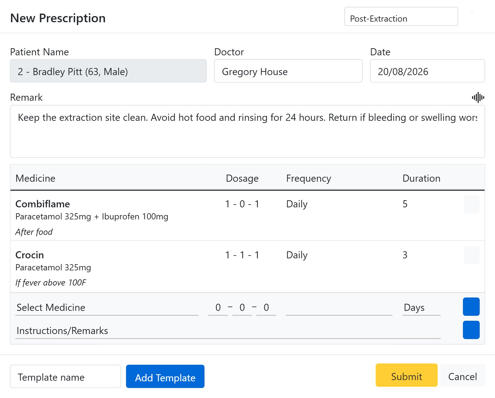 Writing a dental prescription from saved templates in CAPS28 practice management software
