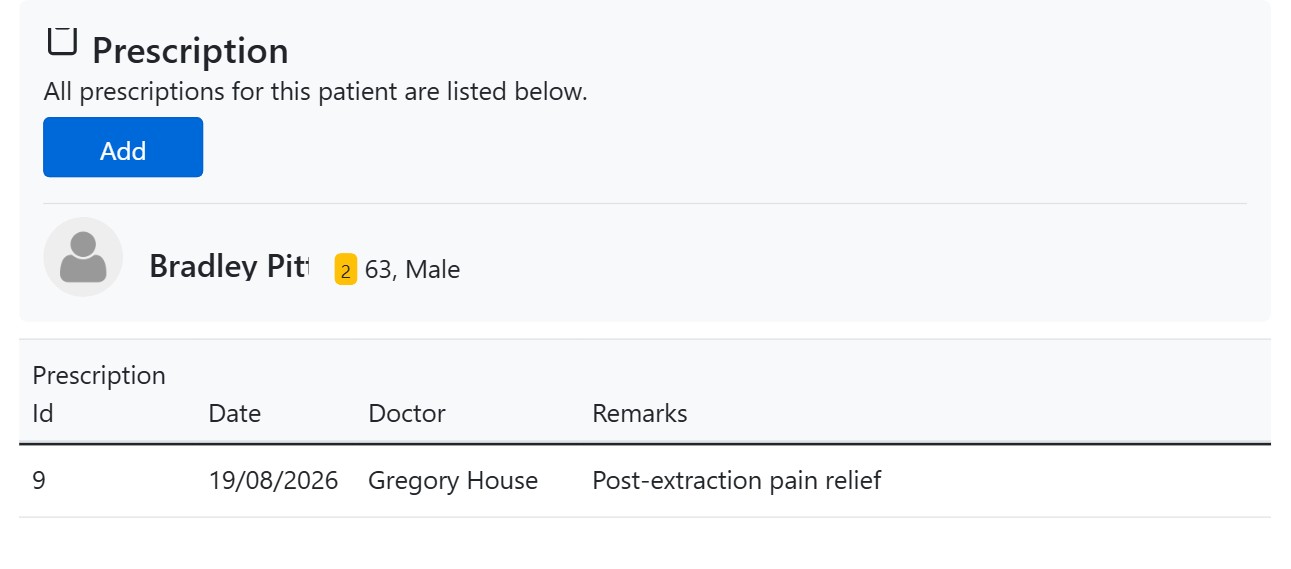 Patient prescription list on the dental record in CAPS28 practice management software