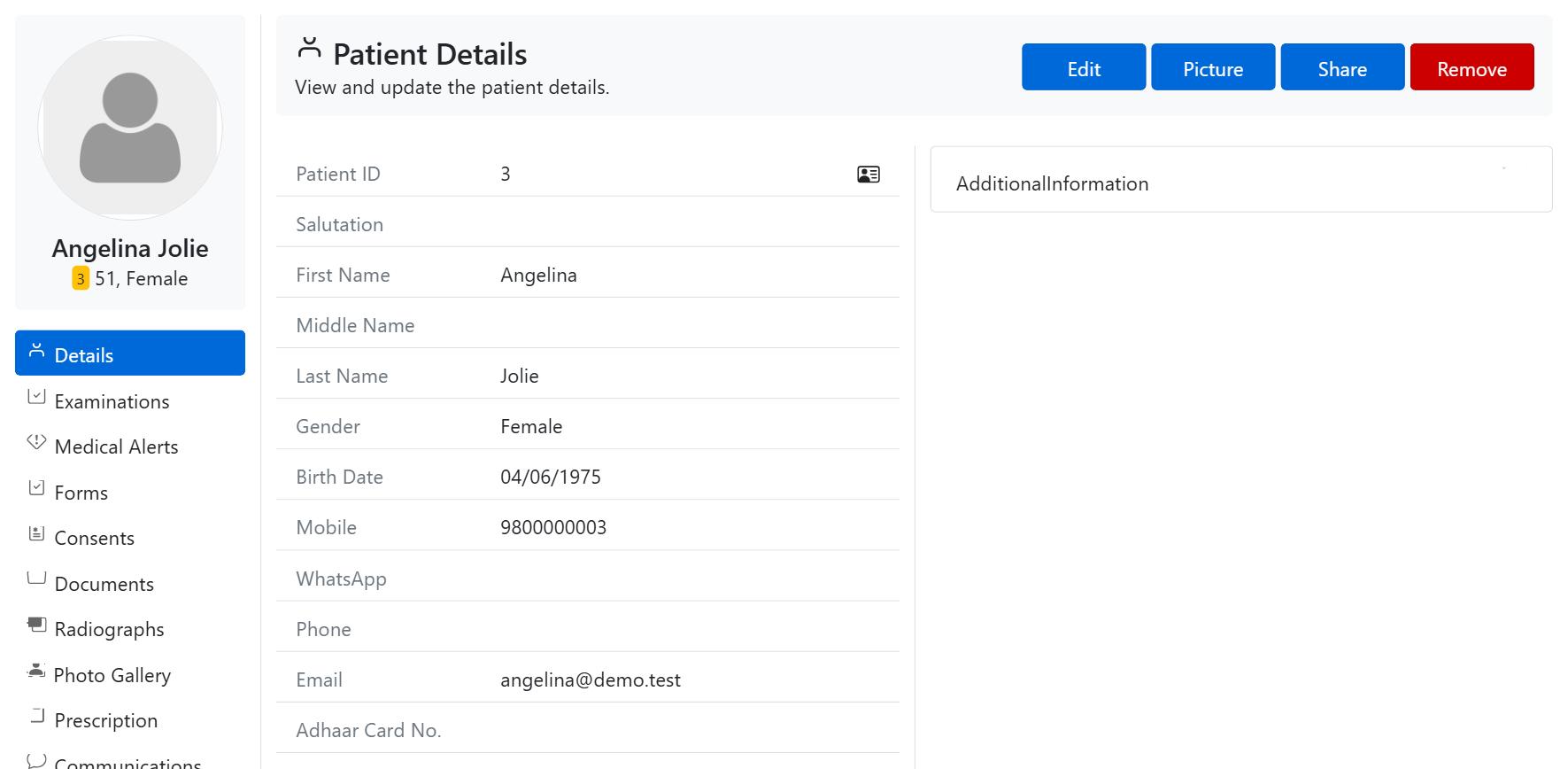 CAPS28 dental patient record with demographics and clinical sections in practice management software
