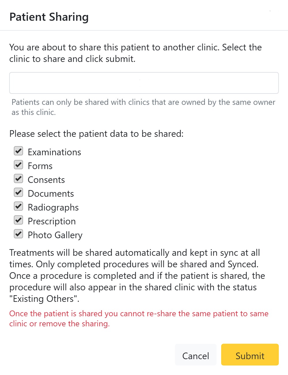 Sharing a patient record with another clinic by category in CAPS28 dental practice management software