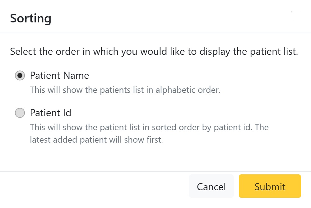 Sorting the patient list by name or patient ID in CAPS28 dental practice management software