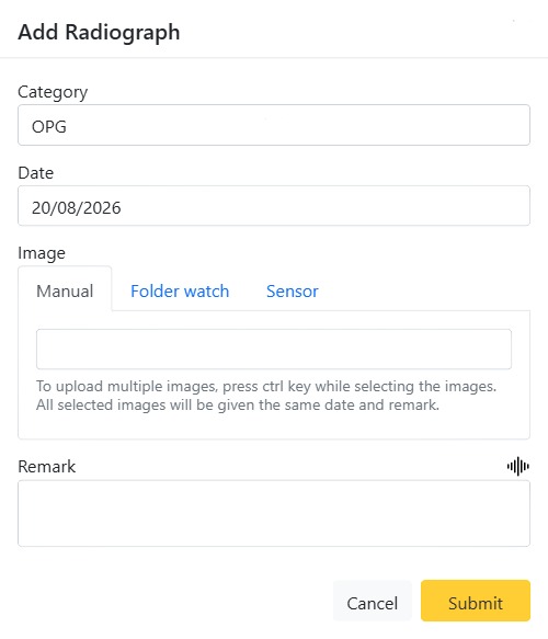 Uploading a dental radiograph by category and date in CAPS28 practice management software