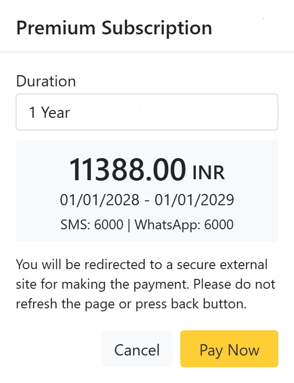 Premium subscription upgrade dialog in CAPS28 dental clinic software, choosing a plan duration and viewing the price