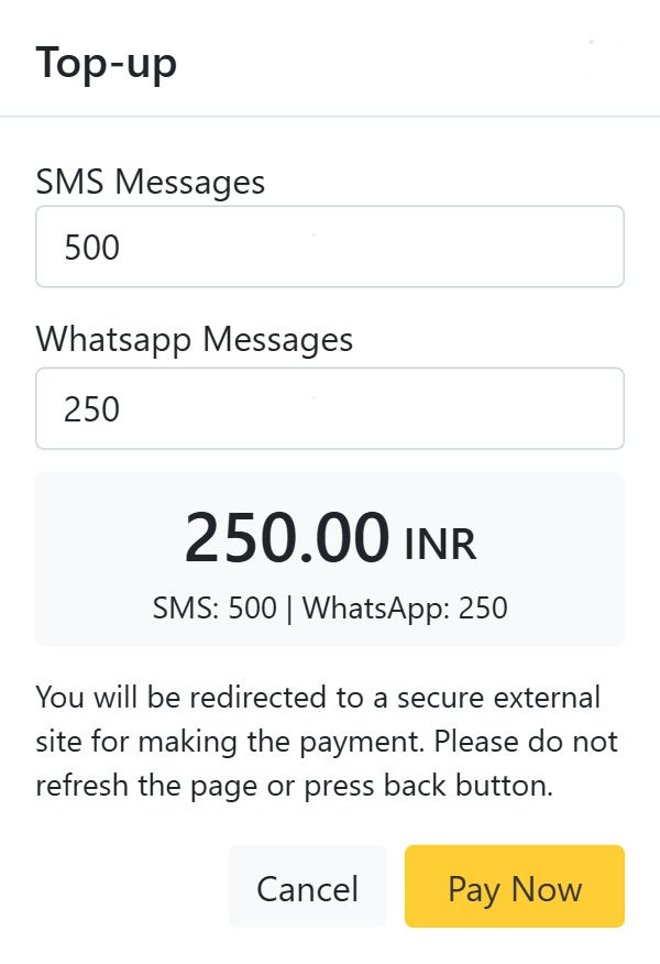 SMS and WhatsApp credit top-up dialog in CAPS28 dental practice management software with quantity and cost totals