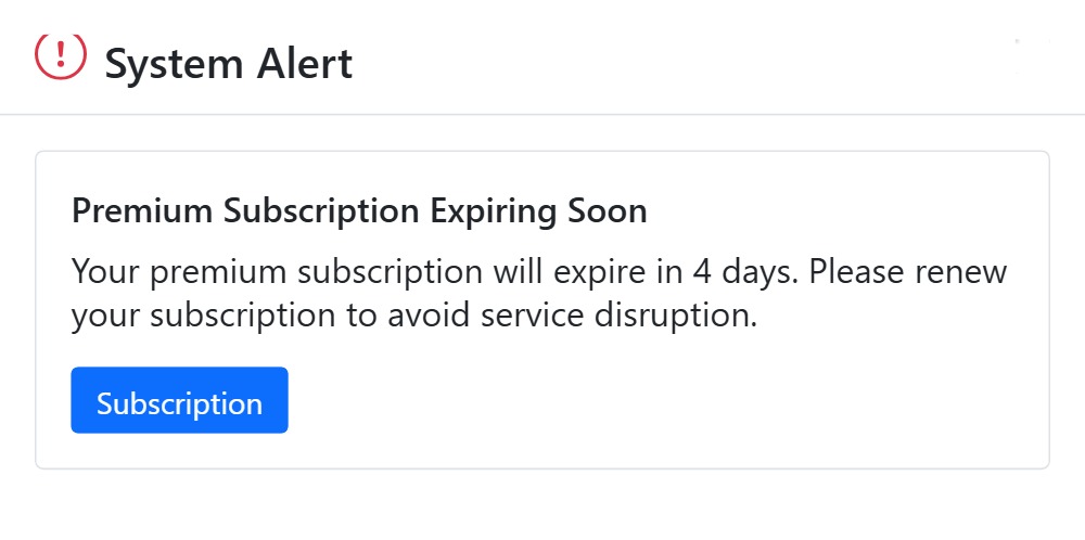 Subscription expiring System Alert in CAPS28 dental practice management software warning the premium plan expires in 4 days