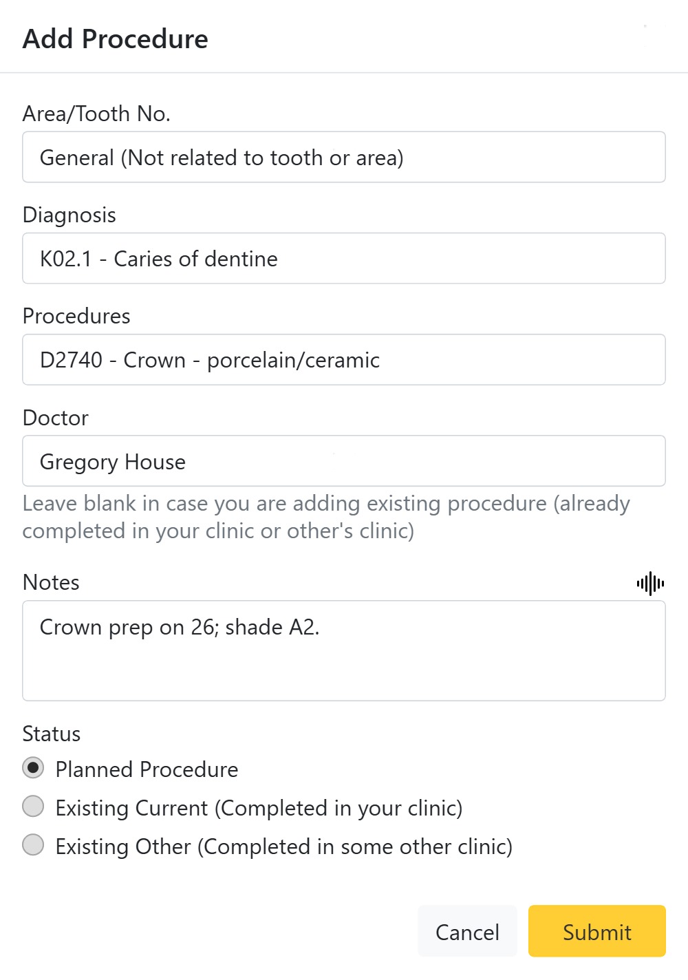 Add procedure form with ICD diagnosis and ADA procedure codes in CAPS28 dental treatment planning software