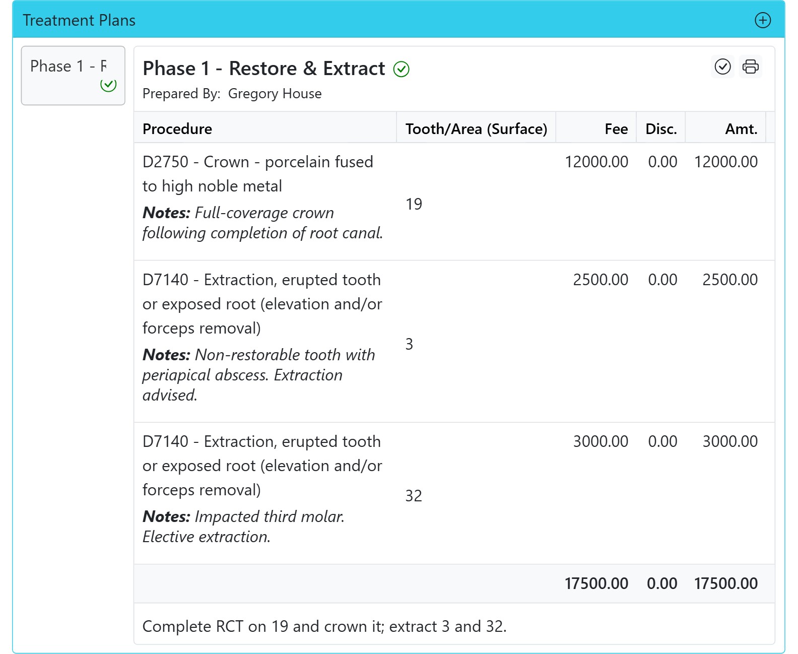Dental treatment plan grouping planned procedures with fees and totals in CAPS28 software