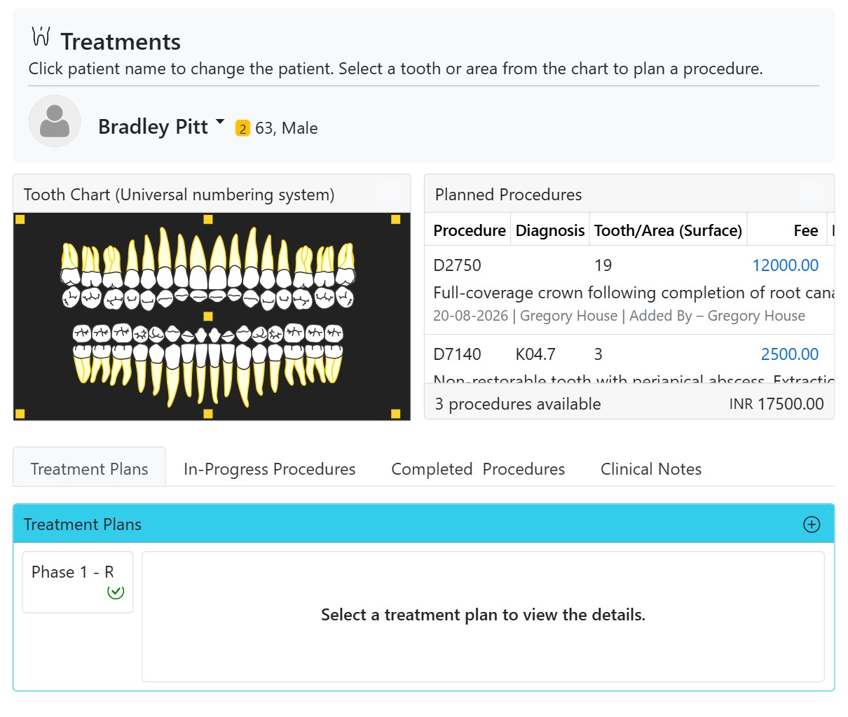 Interactive dental tooth chart odontogram for treatment planning in CAPS28 practice management software